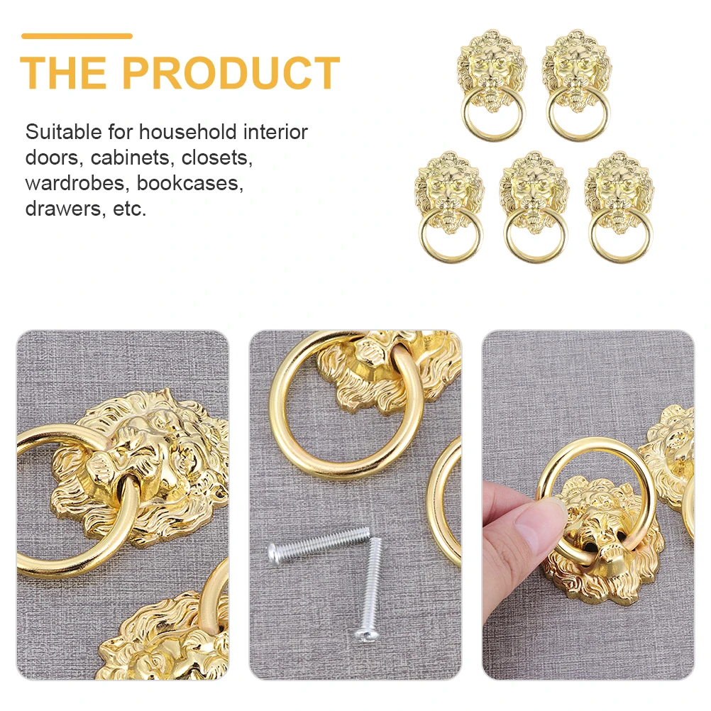 

5pcs Lion Head Pull Handles Zinc Alloy Cabinet Drawer Knobs Vintage Furniture Hardware Rust Resistant Smooth Finish