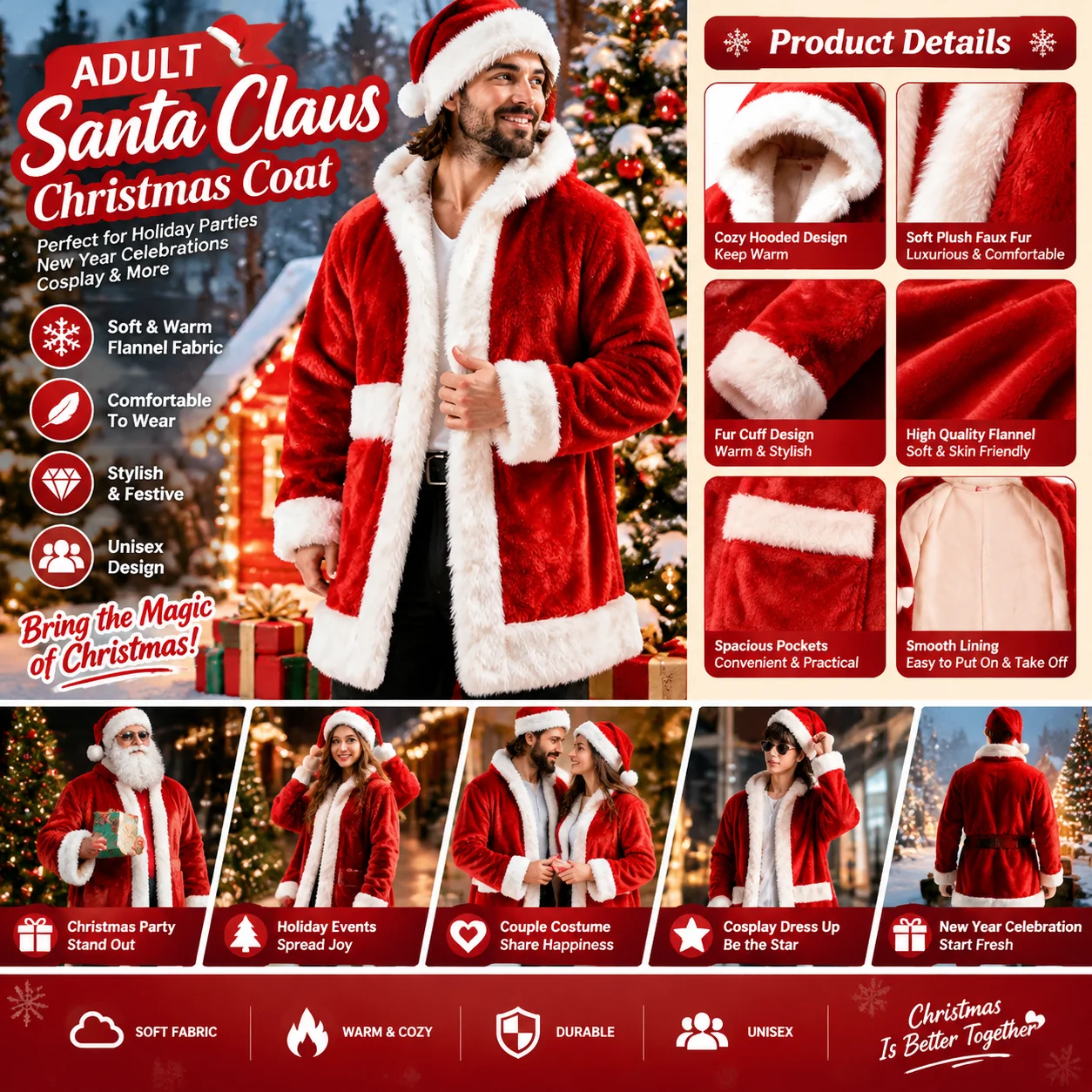 Adult Santa Claus Christmas coat Soft Flannel Holiday Party Costume Unisex Cross Dress Outfit New Year Cosplay Festive Clothing