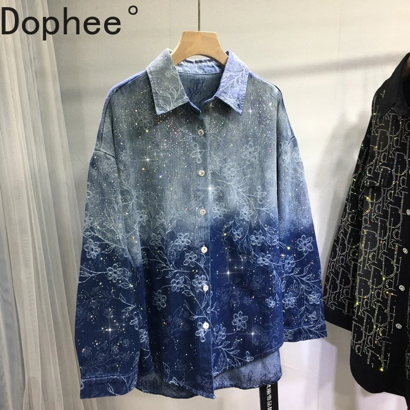 

Gradient Color Women Denim Jacket New Spring Autumn Flowers Diamonds Loose Cardigans Top Mid-long Long Sleeve Casual Jeans Coat