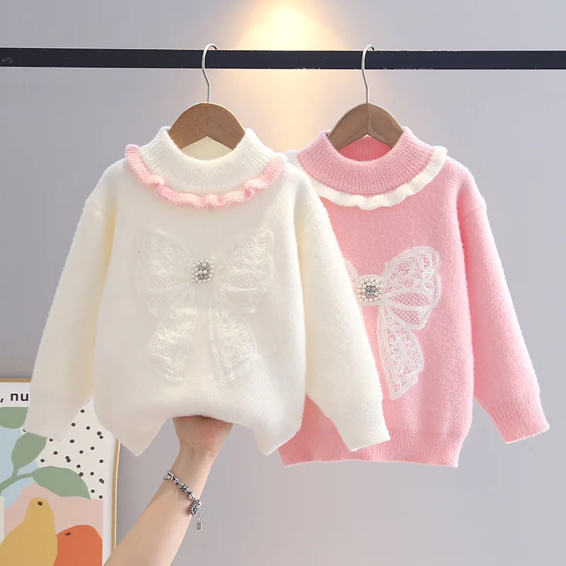 Ruffles Collar Children Clothing Pullover for Girls Sweater Embroidery Buttefly-knot Sweaters Teenage Girl Knitwear Warm IY08031