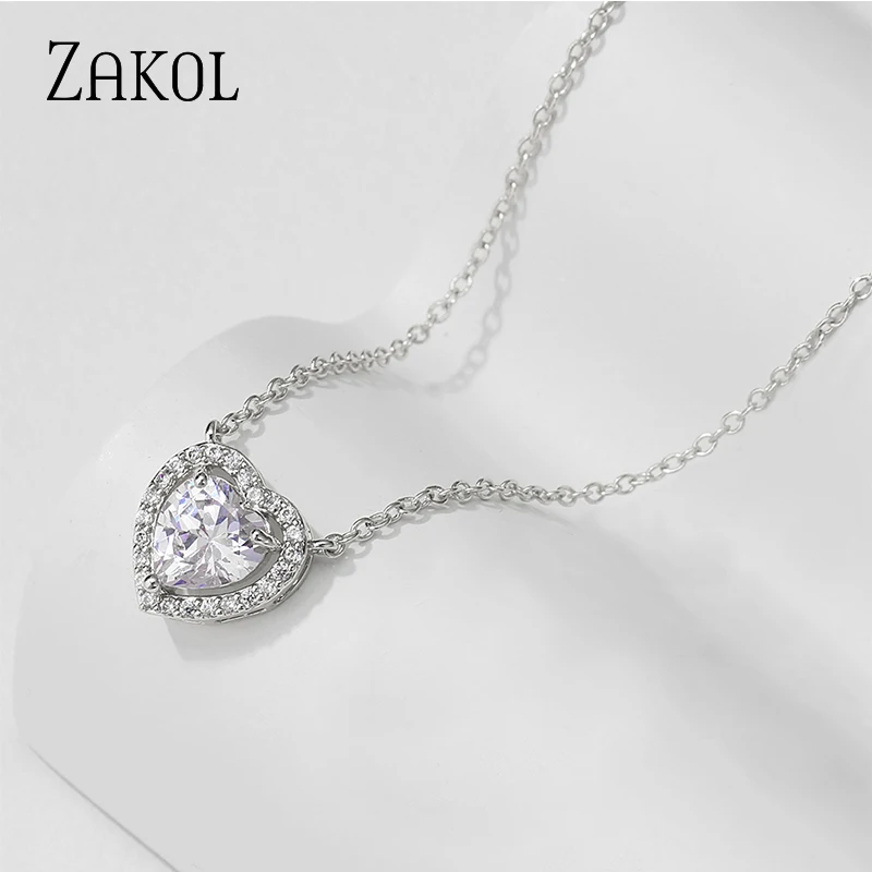 ZAKOL Simple Heart Cubic Zirconia Pendants Necklaces for Women Fashion Bridal Wedding Engagement Jewelry NP2242