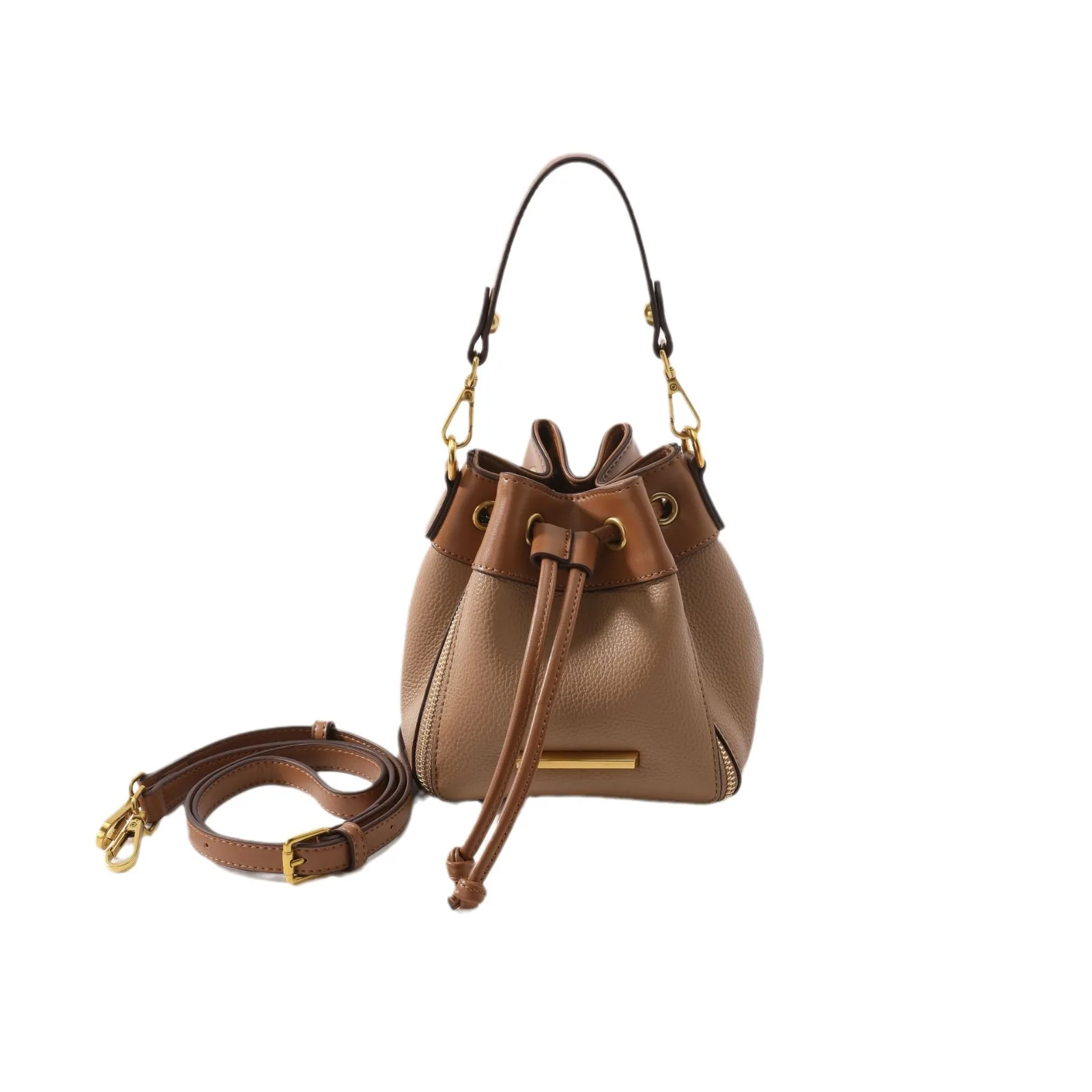 Drawcord Leather Bucket Shoulder Bag 2024 Beige Color Lady Crossbody Bag Purse External Zipper Decorate Handbag