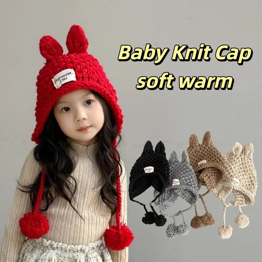 

Korean Solid Color Baby Crochet Hat Soft Warm Rabbit Ear Hand Knitted Cap Autumn Winter Outdoor Ear Protection Cap Girls
