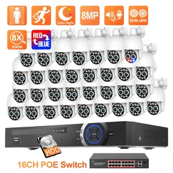 Techage 8MP 32CH Dual Lens POE Camera Kit Humanoid Auto Traking Smart AI 8X Zoom PTZ POE Survillance Kit E-mail Alert P2P