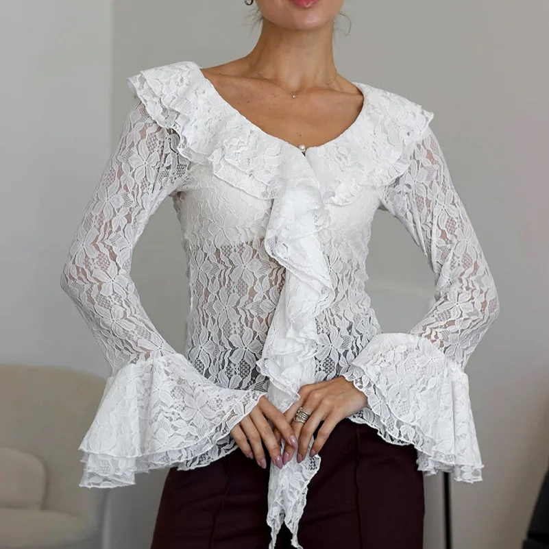 

2026 Spring Summer Latest Slim Fit Women's Shirt New Solid Color Round Neck, Leaf Lace Hook Flower Trumpet Sleeve Lace Shirt