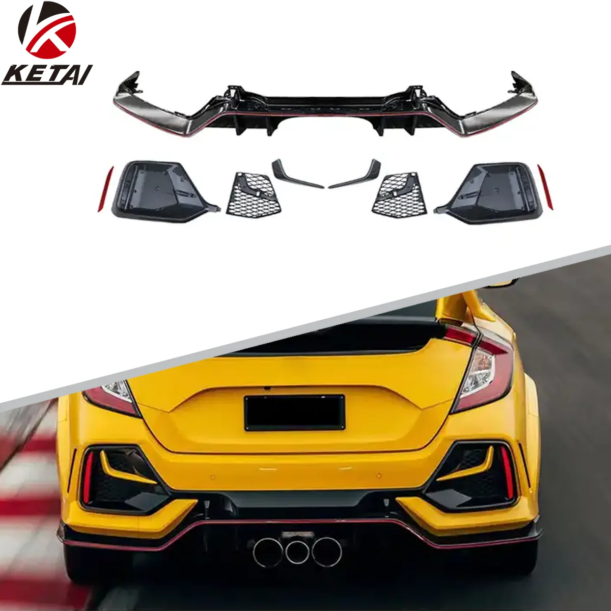 2020 Type-R Carbon Look Style Car Bumper Rear Diffuser Kit For HON DA CI VIC Hatchback 2016-2022