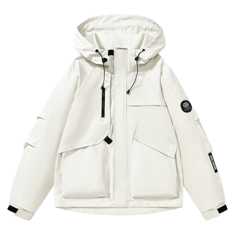 Unisex Outdoor-Windbreaker mit Kapuze, besticktem Aufnäher, mehreren Taschen, Reißverschluss-Knopfleiste, wasserdicht, winddicht, locker geschnittene Wanderjacke – Detail 5