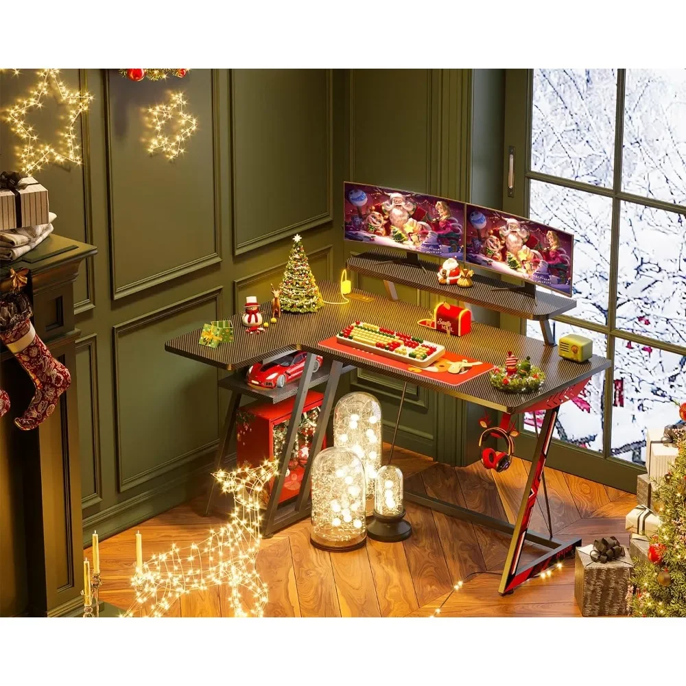 L Shaped Gaming Desk with LED Lights & Power Outlets, Gaming Computer Desk 47inch with Storage Shelf