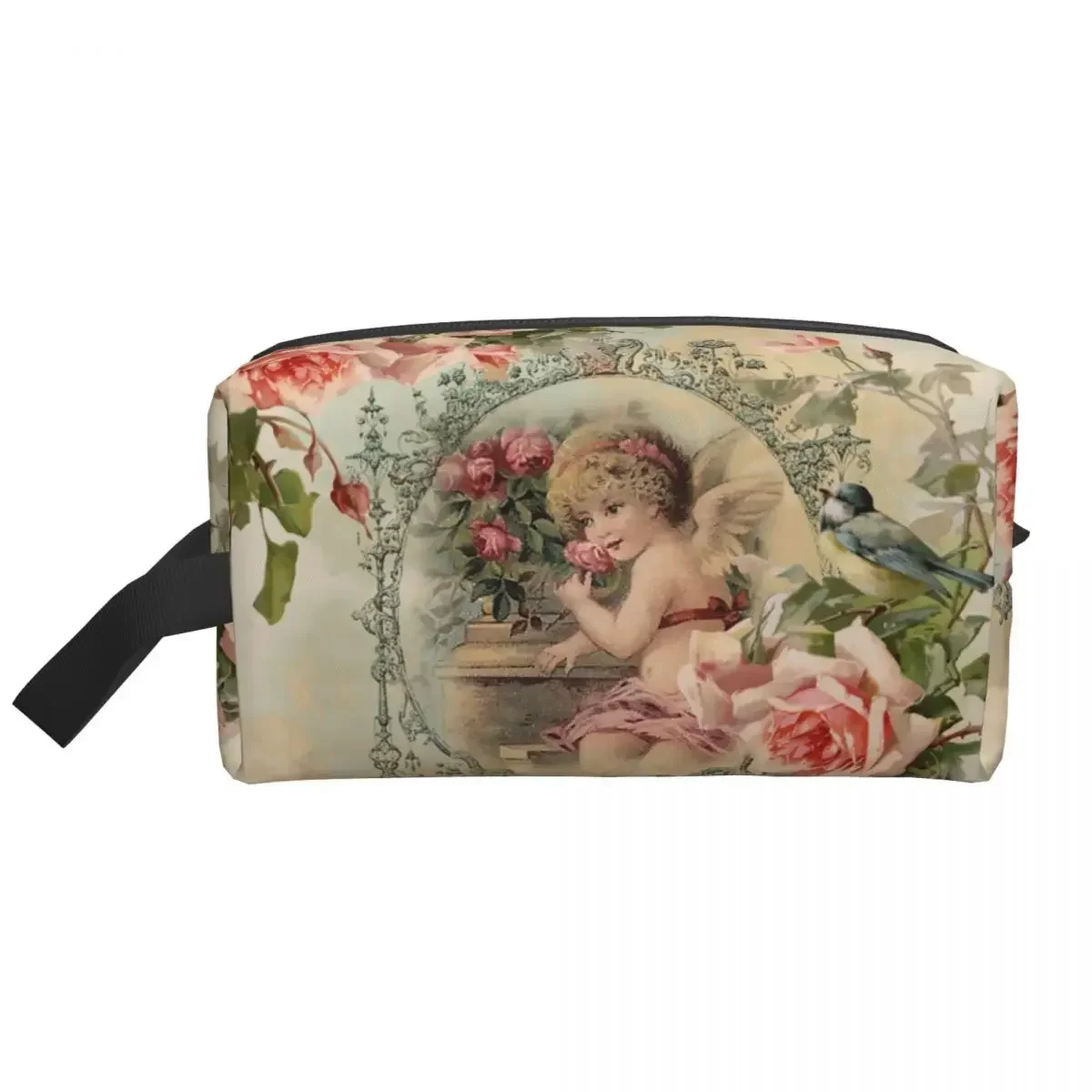 Travel Victorian Angel Print And Pink Vintage Roses Toiletry Bag Fashion Cosmetic Makeup Organizer Beauty Storage Dopp Kit Case