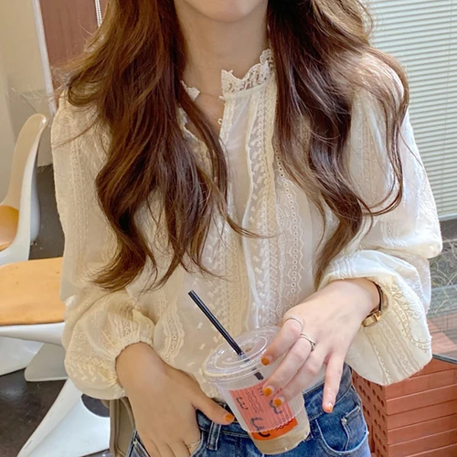 Imagen 2 del producto Blusa elegante de encaje a la moda para mujer, camisa holgada informal de manga larga para oficina, Top sencillo con cuello levantado para primavera y otoño