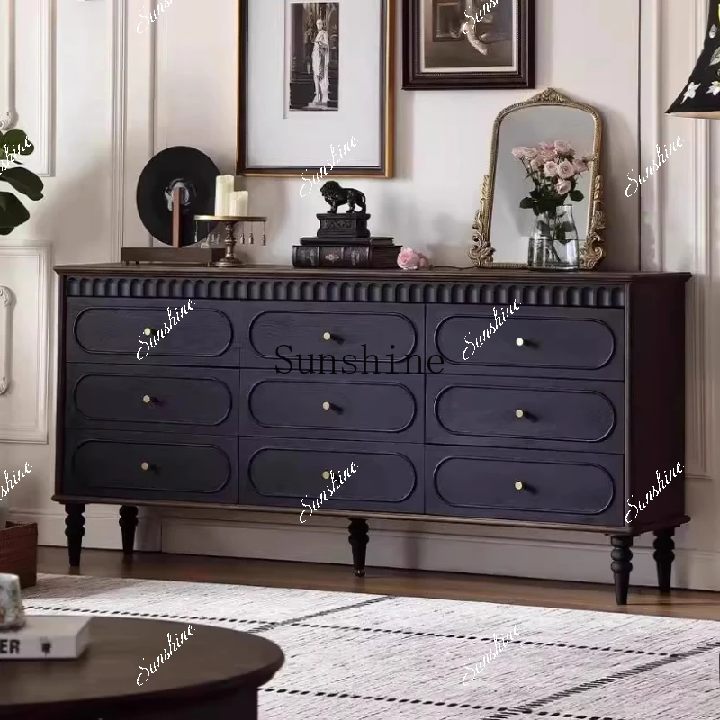 French retro solid wood living room storage cabinet against the wall, nine-bucket drawer cabinet by the dining side  FT