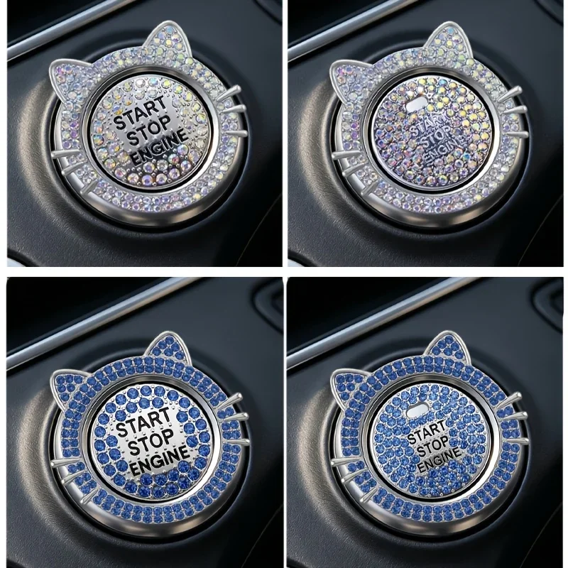 Car Start Switch Button Auto Decorative Diamond Stickers Rhinestone Ring Inner Ring And Outer Ring Cute Cat Ear