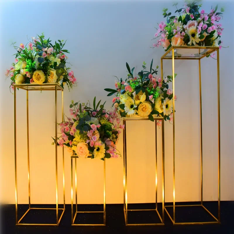 

4pcs Shiny Gold Iron Plinths Pillar Cake Holder Metal Frame Backdrops Wedding Centerpiece Flower Stand Home Crafts Rack Decor