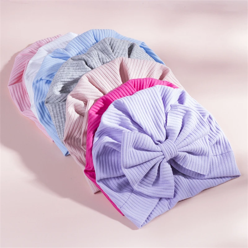 Turban en coton avec gros nœud pour bébé fille, chapeau pour enfant en bas âge, bonnet rond pour nouveau-né, bonnet pour bébé, accessoires solides, document, 0-2T