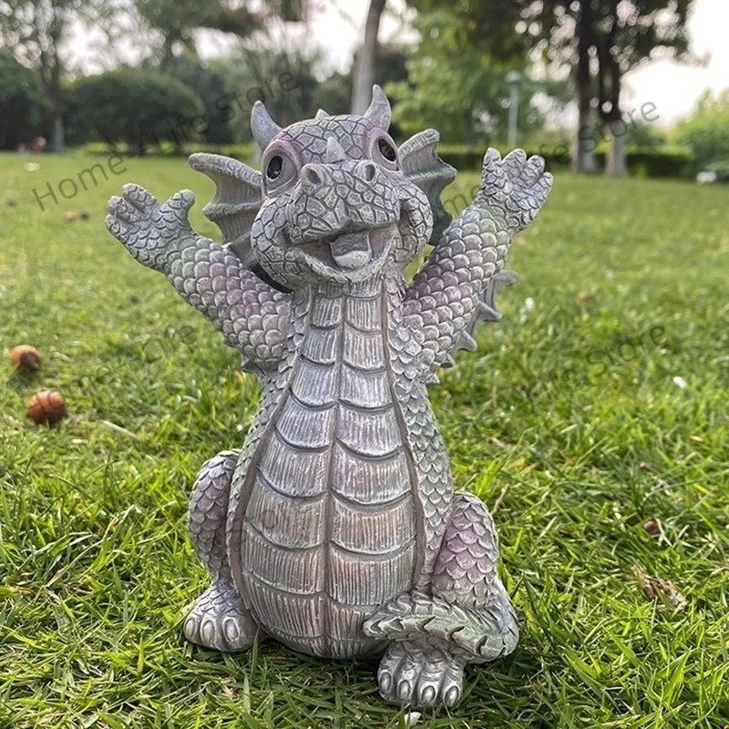

Garden Statue Dragon Meditation Statue Led Lighting Resin Ornament Dinosaur Shape Sculpture Outdoor Yard Decoration Home Decor