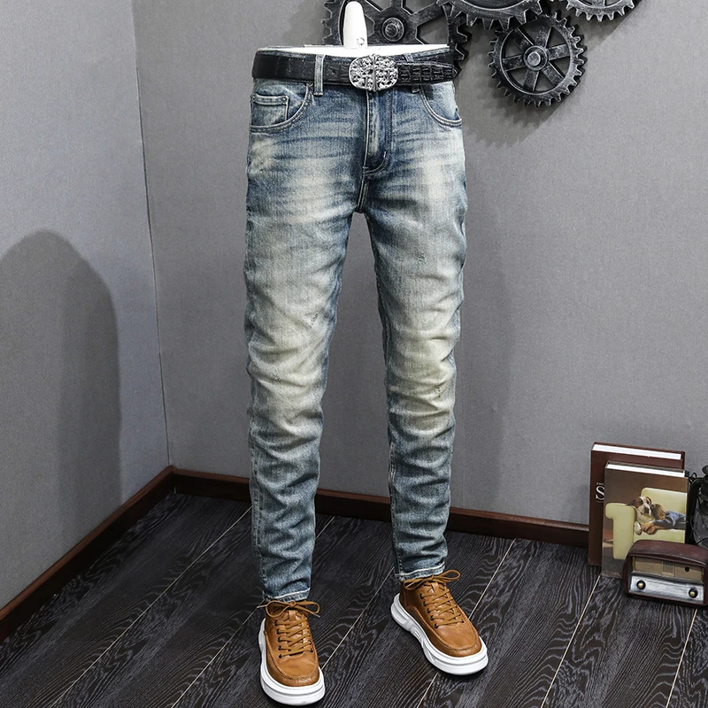 

Fashion Designer Men Jeans High Quality Retro Washed Blue Stretch Slim Fit Ripped Jeans Men Italian Style Vintage Denim Pants