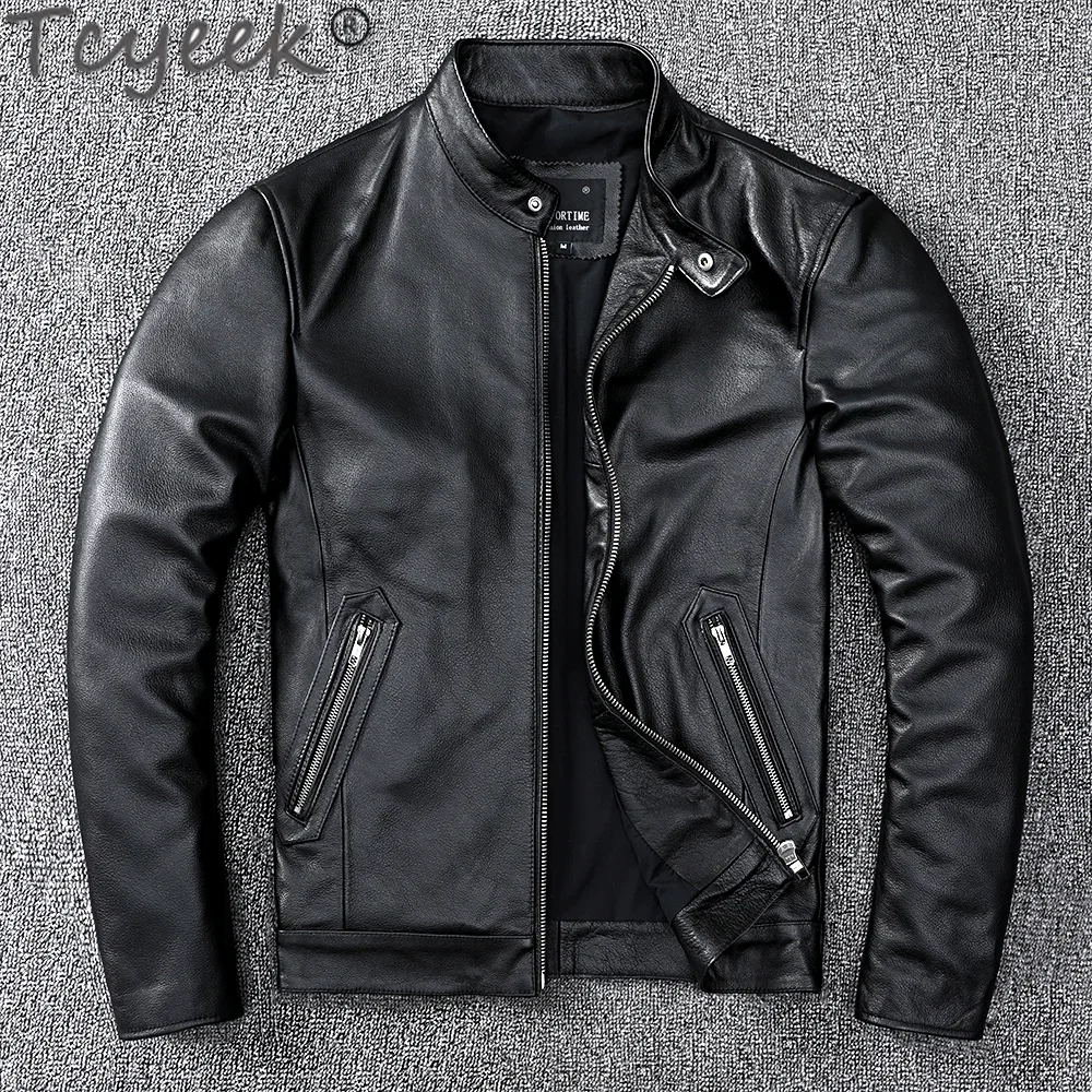 Tcyeek Autumn Winter Man Jacket Stand Genuine Leather Coat Business Casual Cow Leather Jackets Clothing Veste Cuir Homme LM576