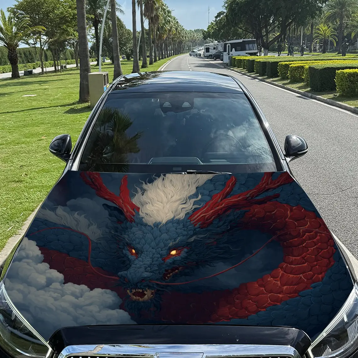 Colorful - Scaled Divine Dragon in Clouds Pattern car hood stickers, waterproof self-adhesive, scratch resistant, easy to stick,