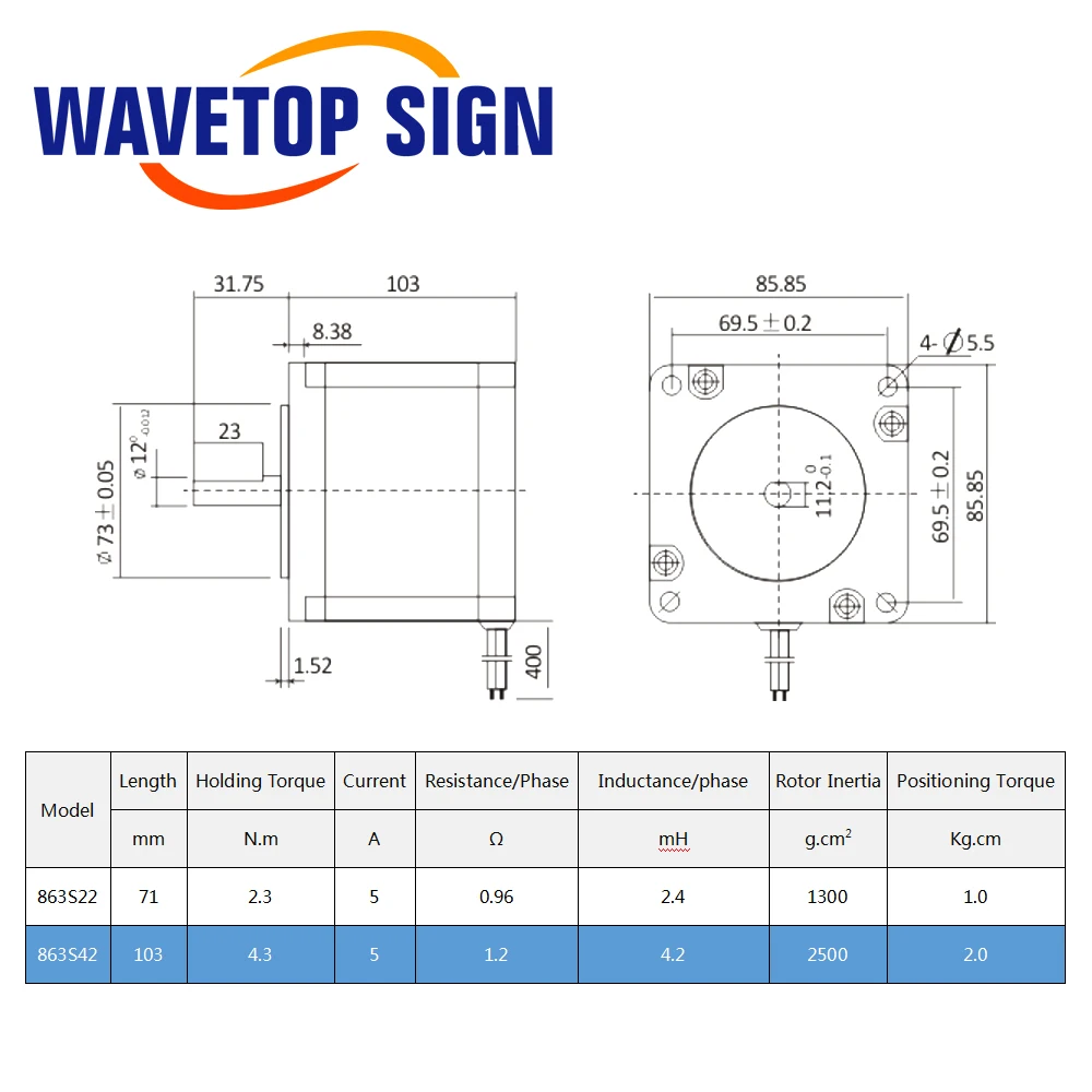 WaveTopSign Leadshine Nema34 3Phase Stepper Motor 863S42 4.26N.m Shaft Dia 12mm For Co2 Laser Engraving and Cutting Machine