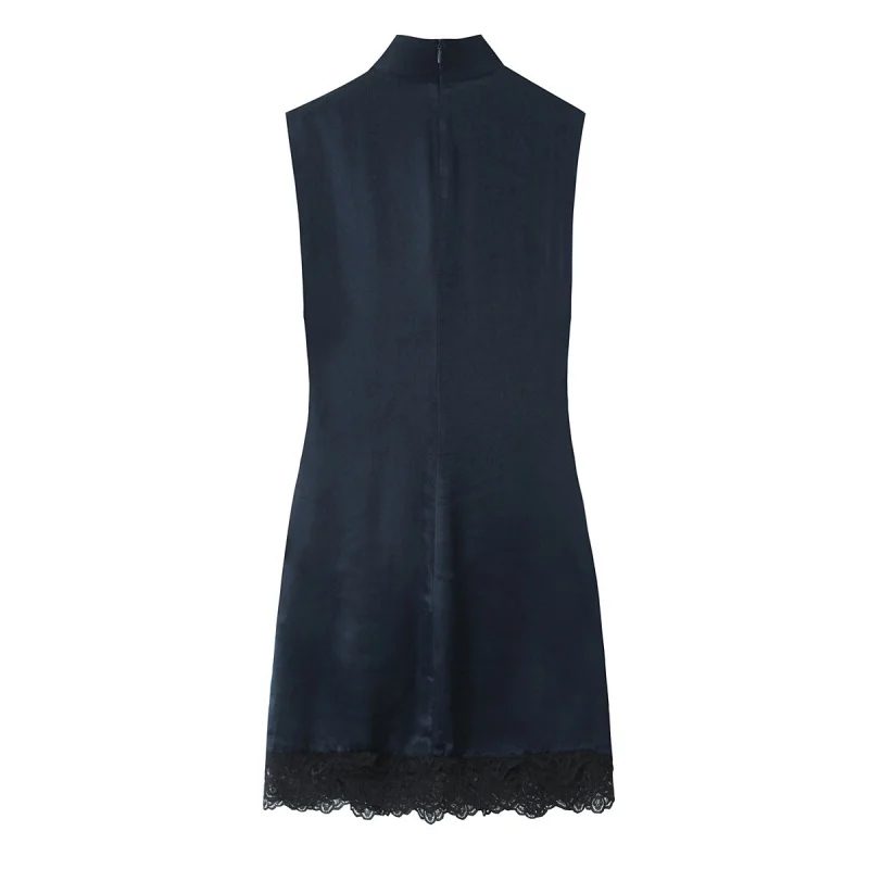 Lente Zomer Hoge Hals Mouwloos Kant Splicing Satijnen Minirok Vrouwen Terug Rits Decoratie Rokken Vrouwelijke Vrijetijdskleding 2025