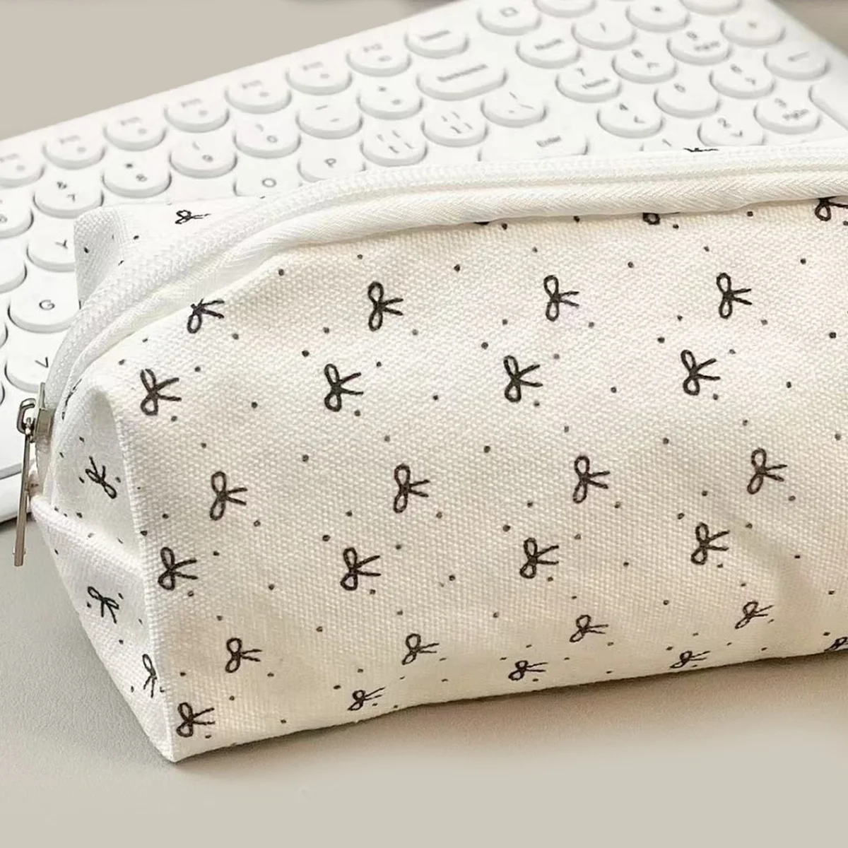 1 beautiful canvas pencil pouch, creative bow pattern zipper pencil pouch and desk organizer, essential school supplies view 6