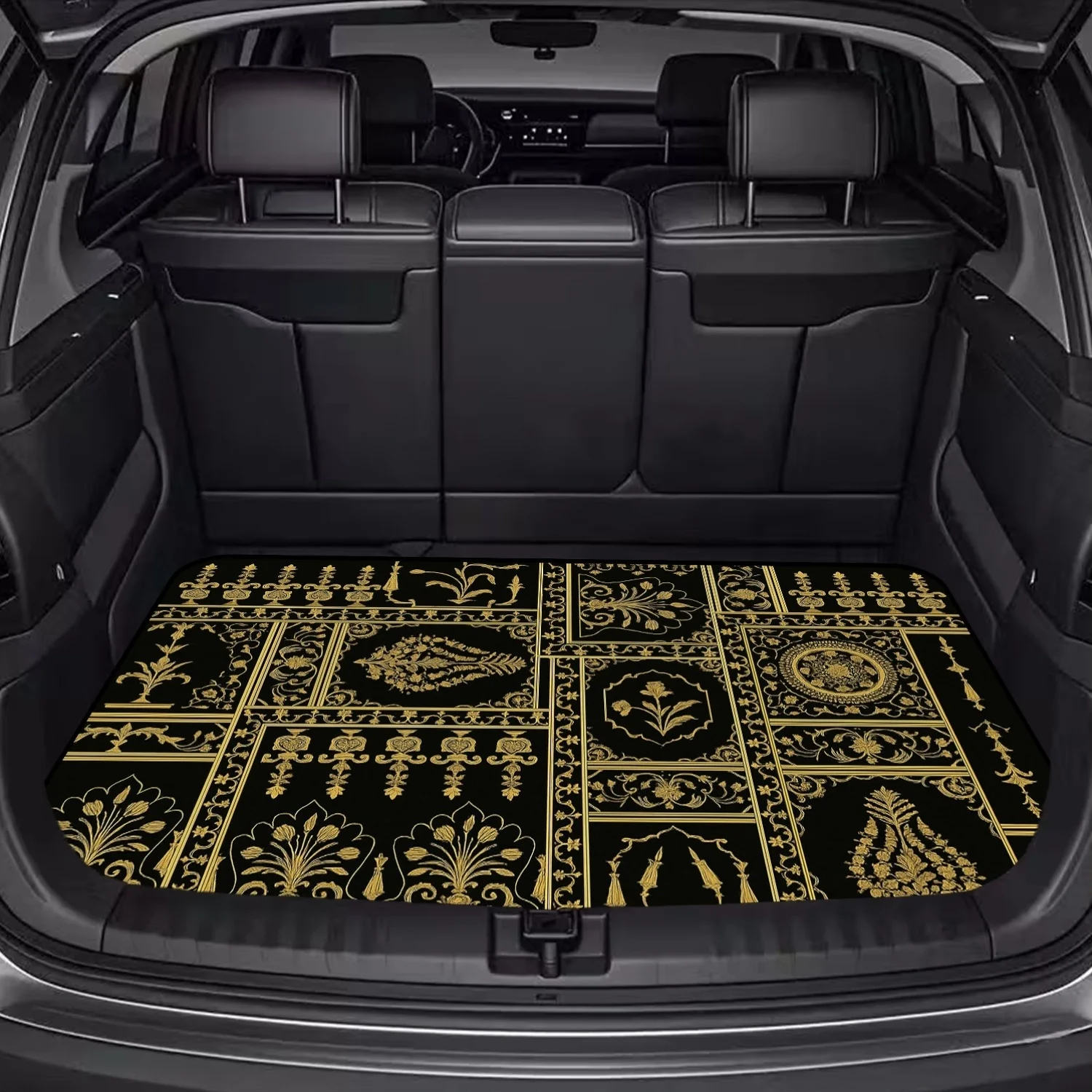 Car Trunk Mat, Black Background Golden European Ornament Tile Print Cargo Liner, Non-Slip Rear Trunk Protector, Women Car decor, Car Accessories, Interior Decoration Mat, Universal Fit For SUV Sedan Truck,