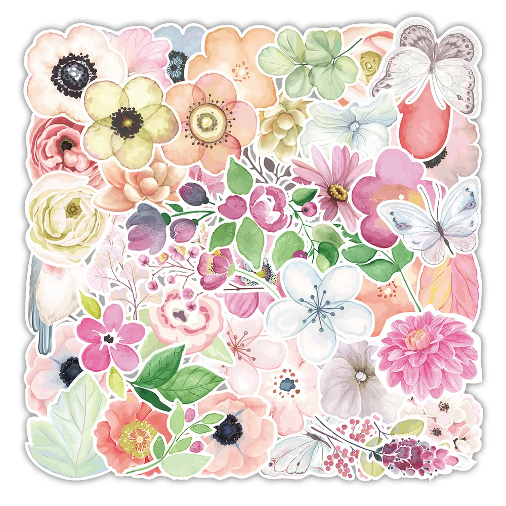 10/30/50pcs Fresh Style Watercolor Flowers Stickers Aesthetic Art Cartoon Decals Scrapbook Phone Luggage Graffiti Sticker Decor