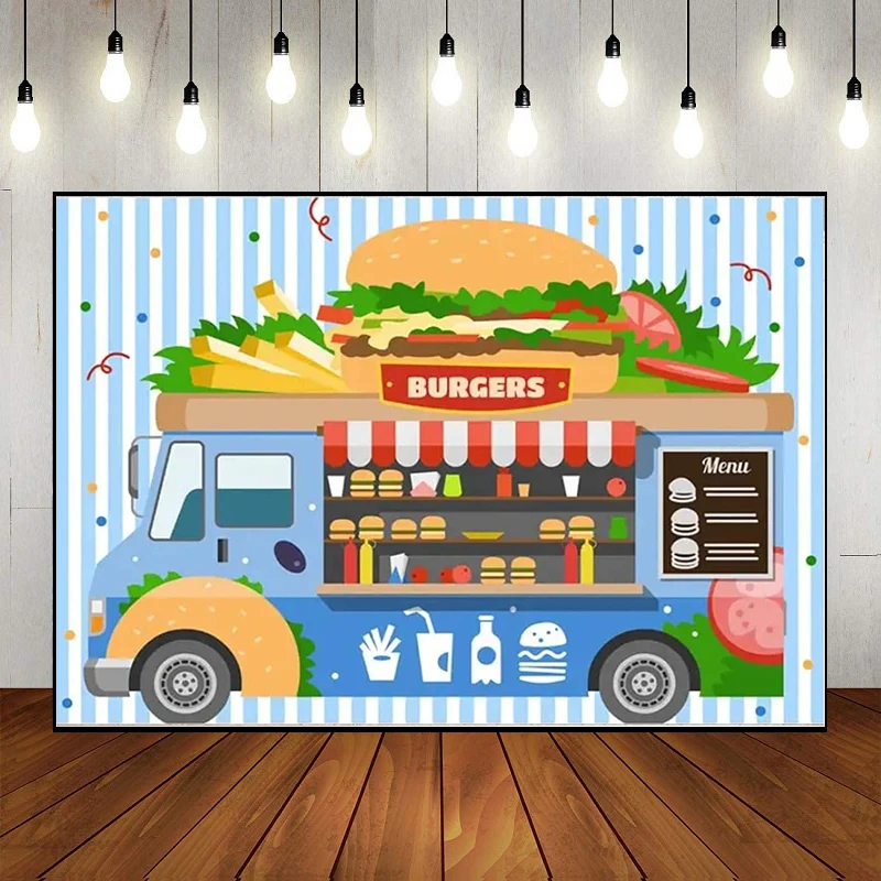 เบอร์เกอร์รถบรรทุกฉากหลัง Hot Dog Fries ตกแต่งอาหาร Retro Art Party หัวหอมมะเขือเทศชีสบูธสตูดิโอถ่ายภาพพื้นหลัง