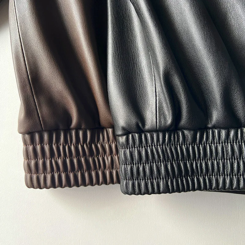 Lederjacke mit Stehkragen ~ Reißverschluss, umweltfreundliche Leder-Fliegerjacke, gerade Röhre, winddichte Lederjacke