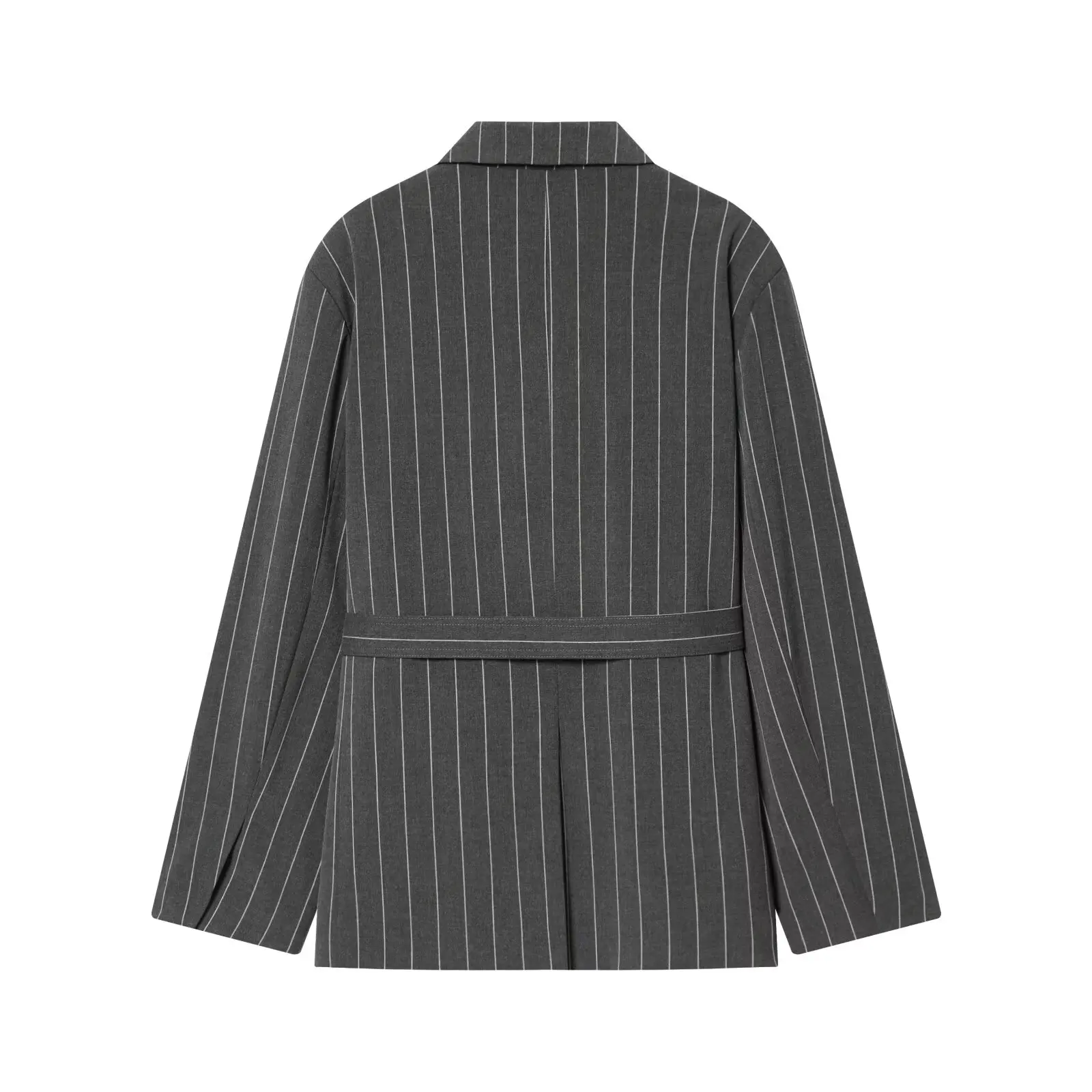 Women's Hong Kong Style Vintage Striped Suit Jacket Loose Casual Wrap Waist Belted Spring Business Straight Leg Polyester Fiber