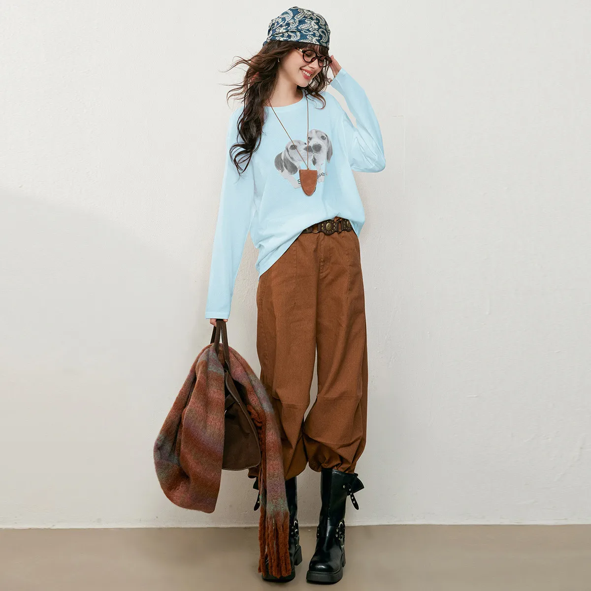 LOUIS YAO Women's T-shirt 2025 Autumn Tops Puppy Pattern Printed Round-Neck Long-Sleeve Slightly Stretchy Long-Sleeve Tees