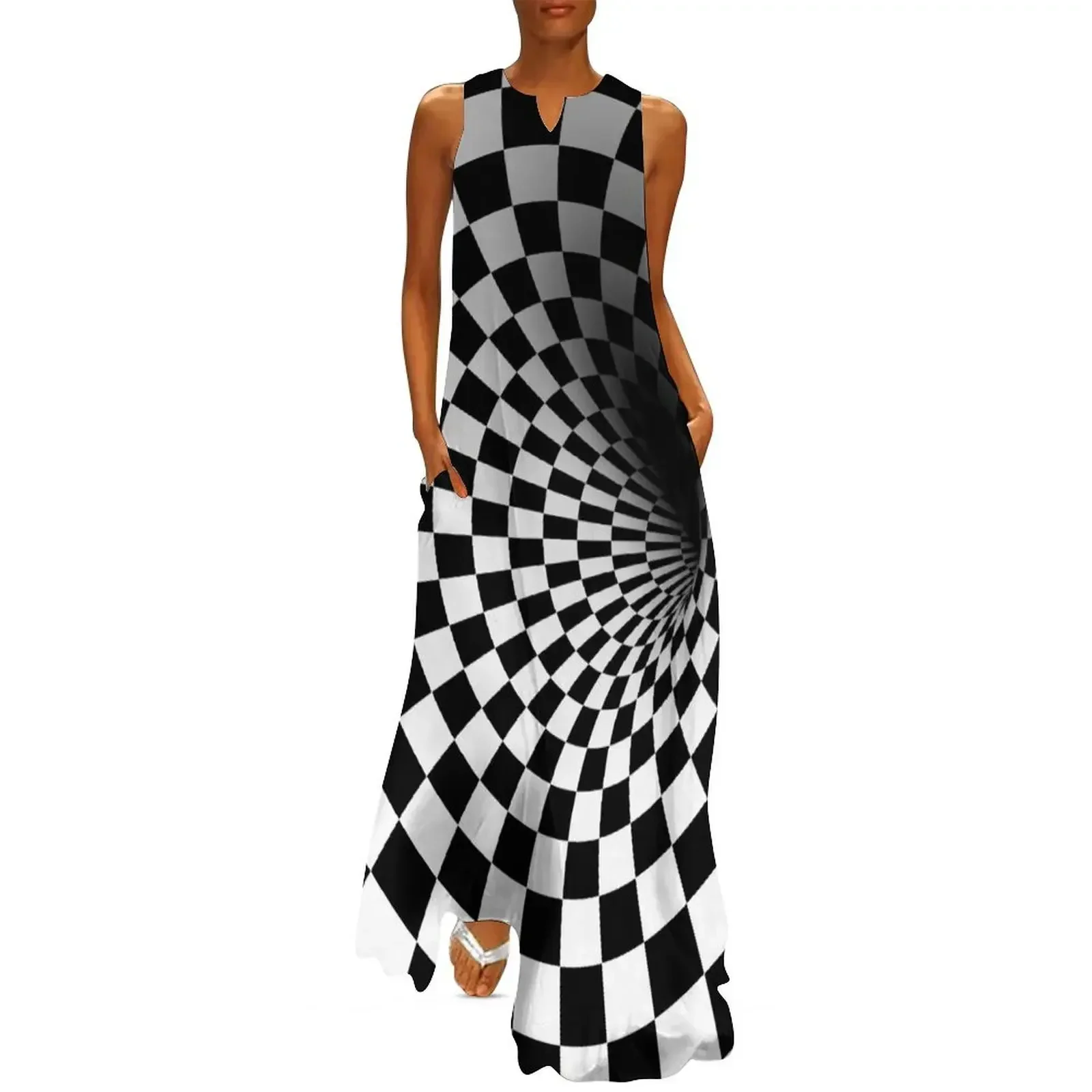 

Black white check optical hole Long Dress Women's summer long dress Long dress woman summer clothes Dresses