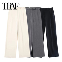 TRAF 2024 Women's Pants Beige Grey Black Wide Leg Pants Women High Waist Baggy Pants Woman Fashion Summer Office Trousers