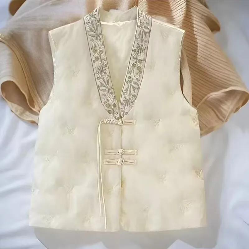 

Chinese Embroidered Cotton-Padded Waistcoat 2025 Autumn Winter Women Vintage V-neck Knot Button Vest Female Thick Cotton Vest