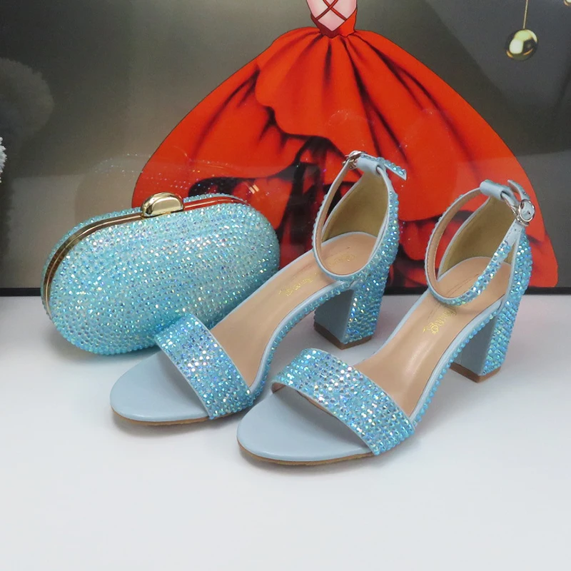 Summer Blue AB Crystal Bridal Party shoes and bag Set Women Thick Heel Wedding Evening shoes Open Toe Sandals Ankle Strap Female