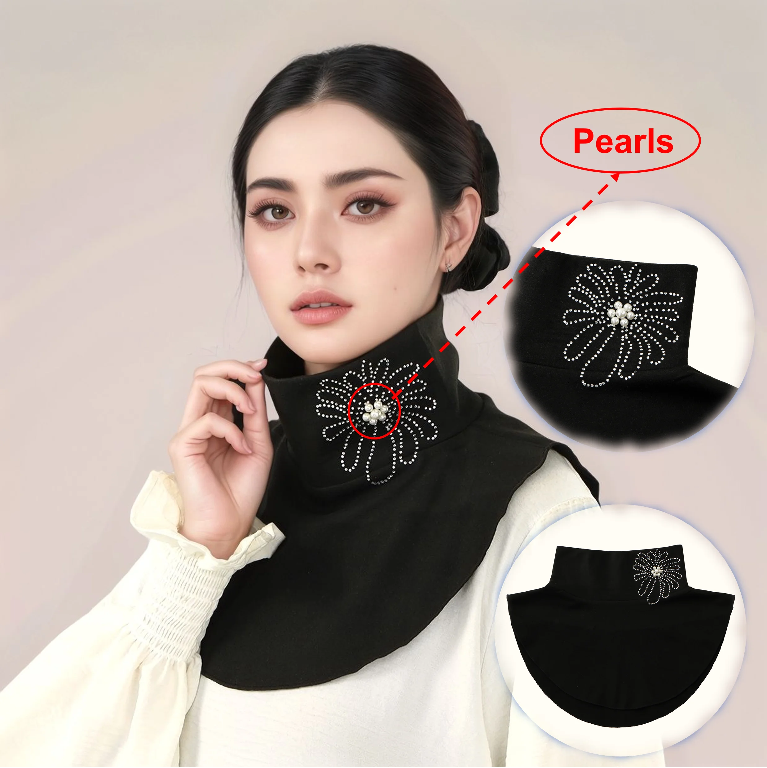 Women Pearls Detachable Collar Floral Rhinestone False Collar Autumn Winter Windproof Neck Warmer Ideal Under Hijab Turtleneck