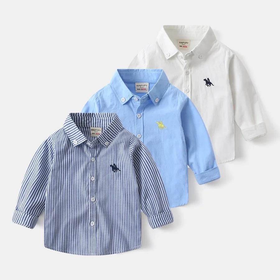 

New 2026 Boys Spring Autumn Fashion Shirts Children's Striped Print Embroidery Long Sleeve Lapel Shirt Tops Kids Casual Clothing
