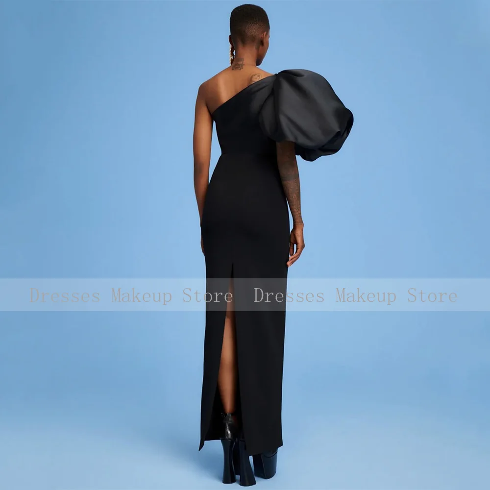 Spalte Abendkleider Schwarz One Shoulder Puffärmel Elegante formelle Kleider für Frauen 2025, hinten geteiltes Etui-Abendkleid lang