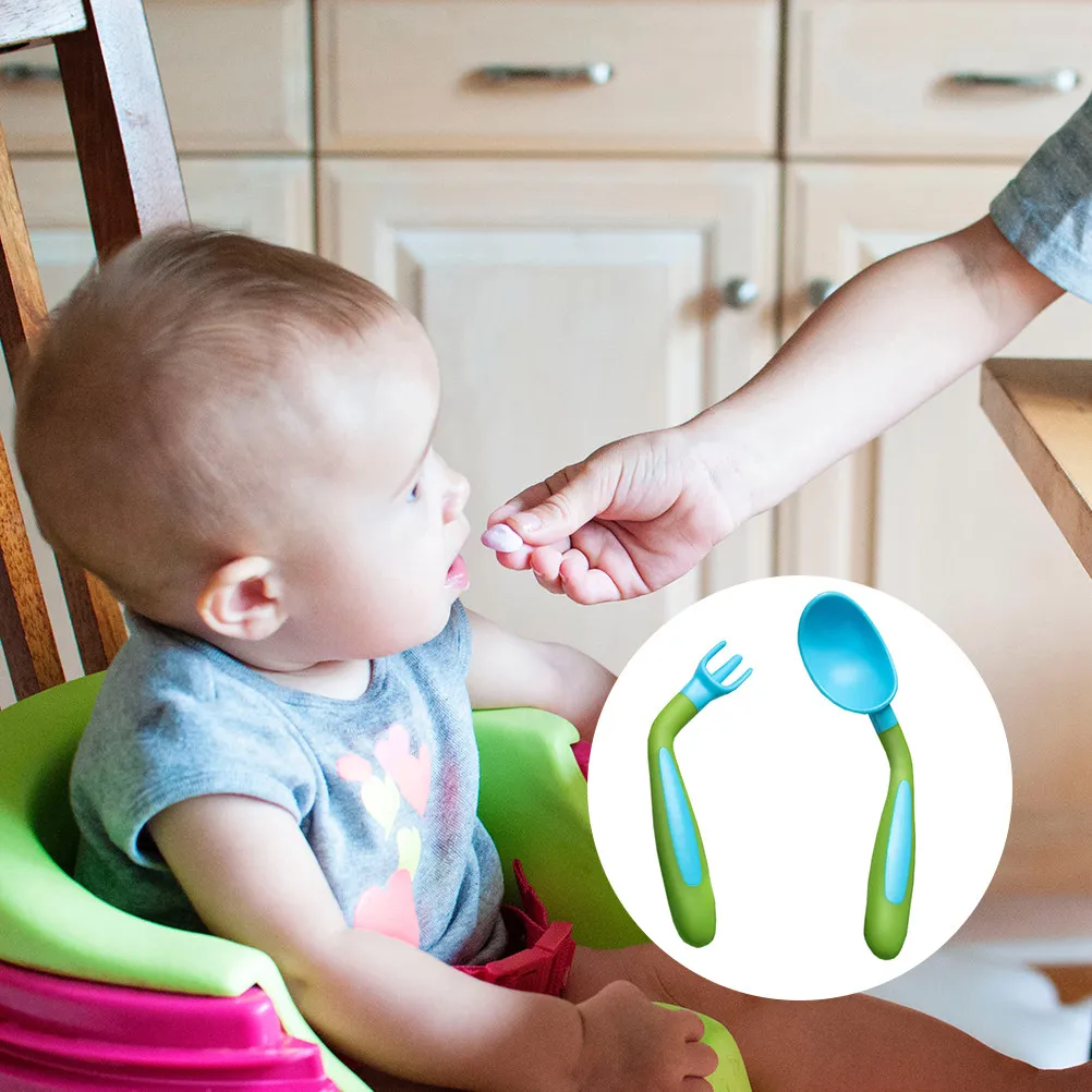 1Set Baby Utensils Spoon Fork Feeding Training Tableware Bendable Non-Slip Handle Lightweight High Temperature Resistant Easy