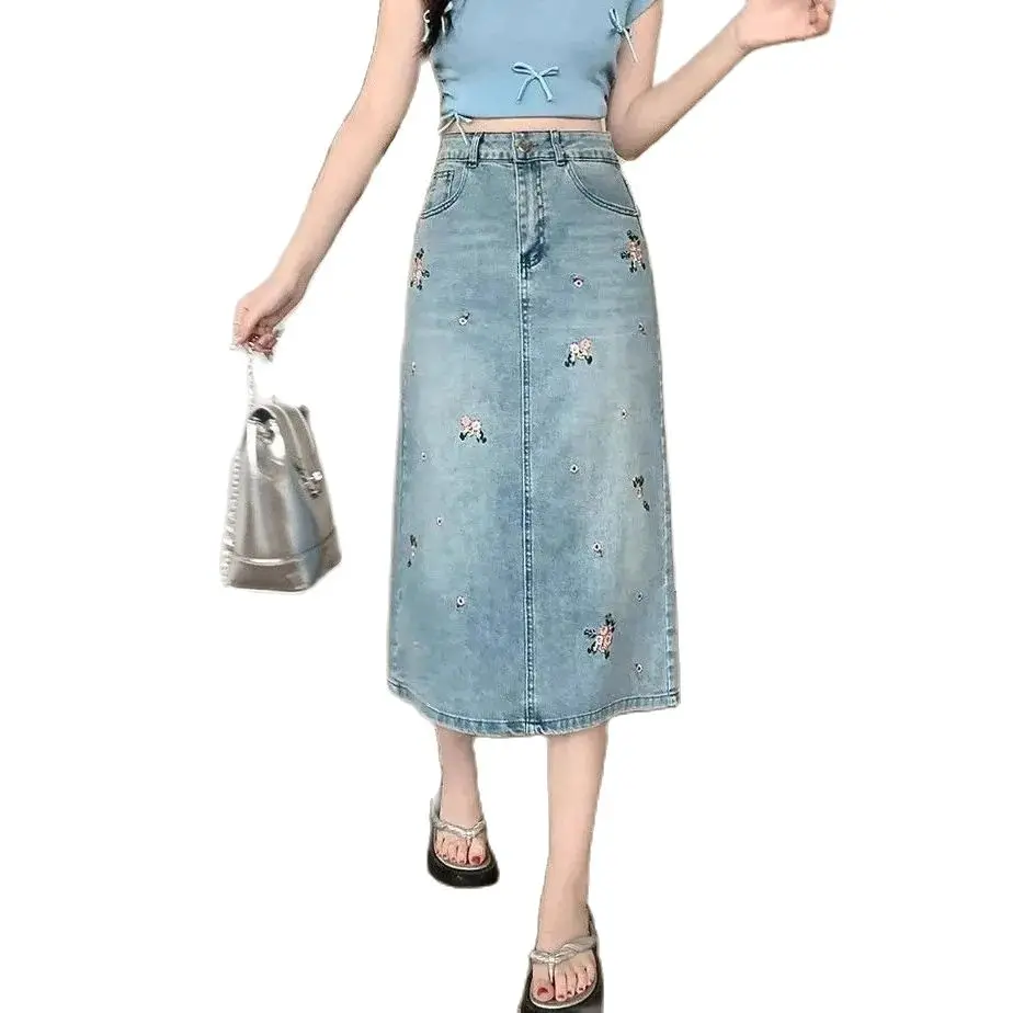 

Cowboy Skirt ,Women's Clothing ,Spring/Summer Denim Skirts ,2024 New High Waist Back Split Embroidered A-line Wrapped Hip Skirt