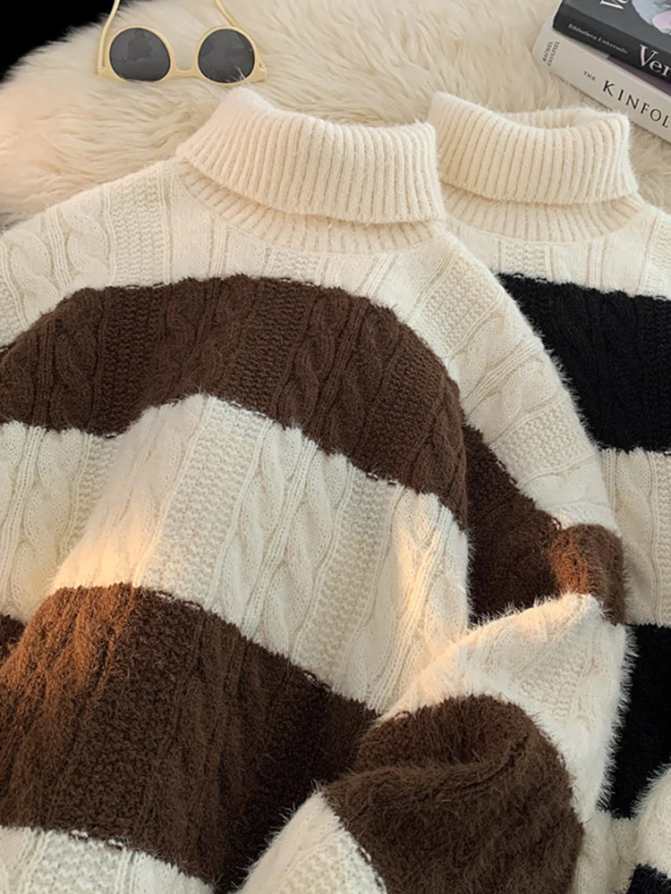 

Men's High Collar Knitwear Winter Thi Warm Base Layer irt American Retro Lazy Striped Color Blo Knitted Sweater