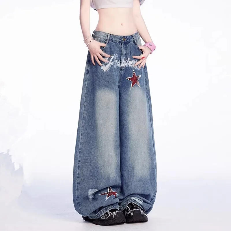 

Women's Star Embroidery Pattern Blue Straight Denim Pants Cool Girl Trousers Vintage Bottoms Female High Waist Wide-leg Jeans
