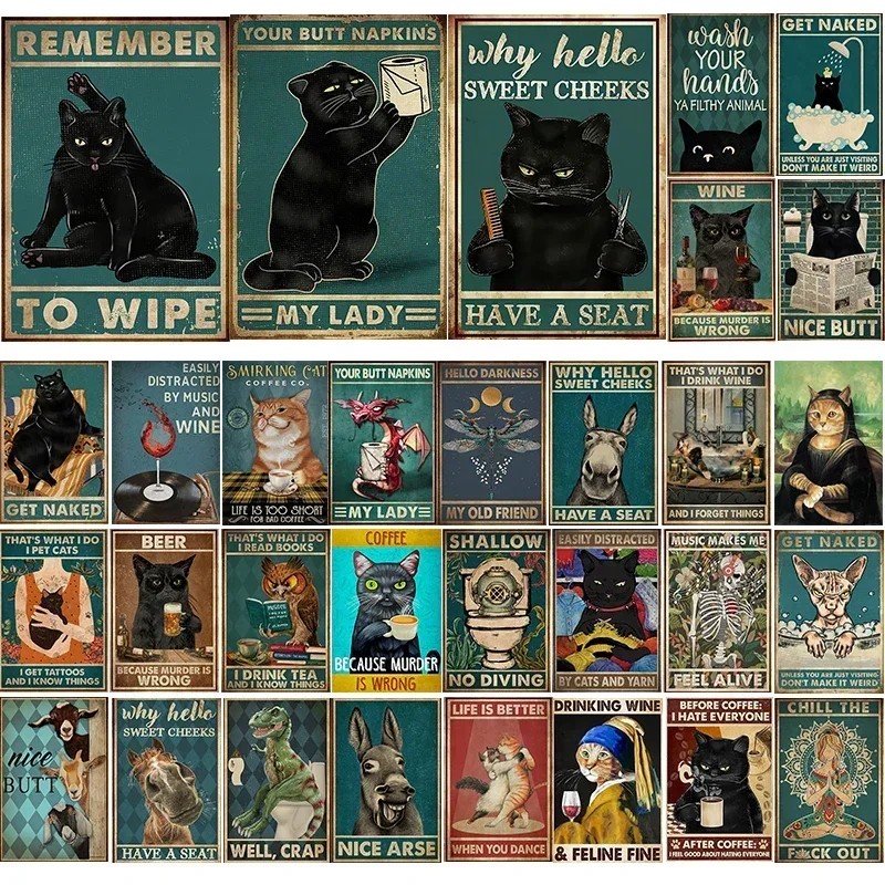 Vintage Metal Black Cat Poster  Humorous Your Butt Napkins Print Unique Wall Art for Bathroom Perfect Home Decor Gift