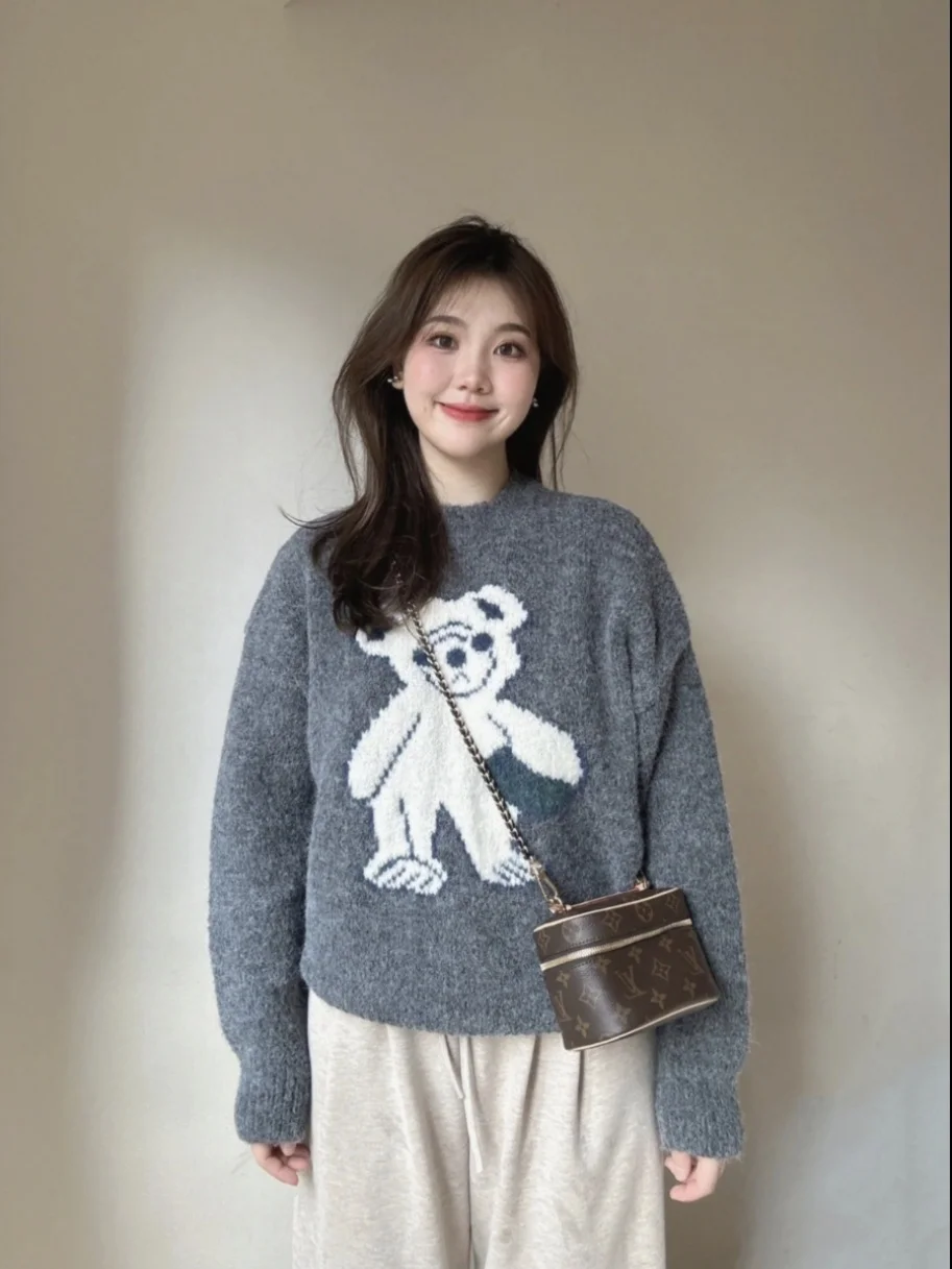 

ay Cute Bear Soft Fufu Knitted Sweater Women's Autumn Winter New Sle Korean Lazy Faion ular Knitted Top