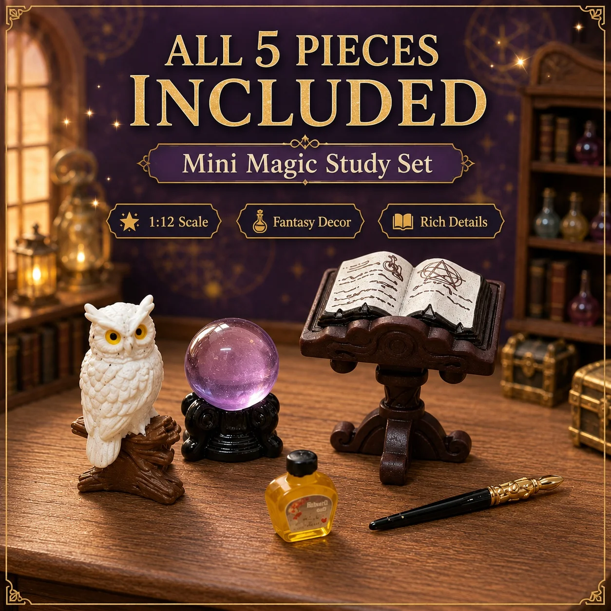 5 Pcs Miniature Owl Magic Figurine, Dollhouse Dark Study Accessory, Crystal Ball Owl Medicine Pen Miniature Scene Prop