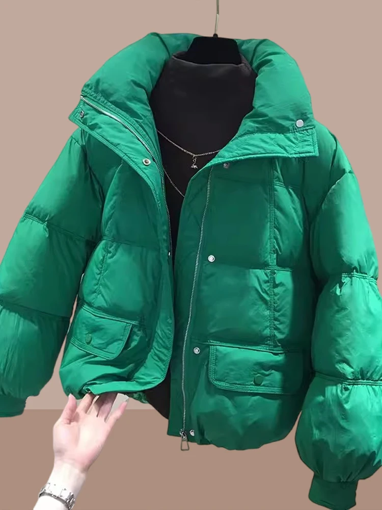 

Winter Short Cotton Jacket Women's Fashionable down Cotton Coat Warm Outerwear Korean Style Thickened Long Sleeve Zipper Closure