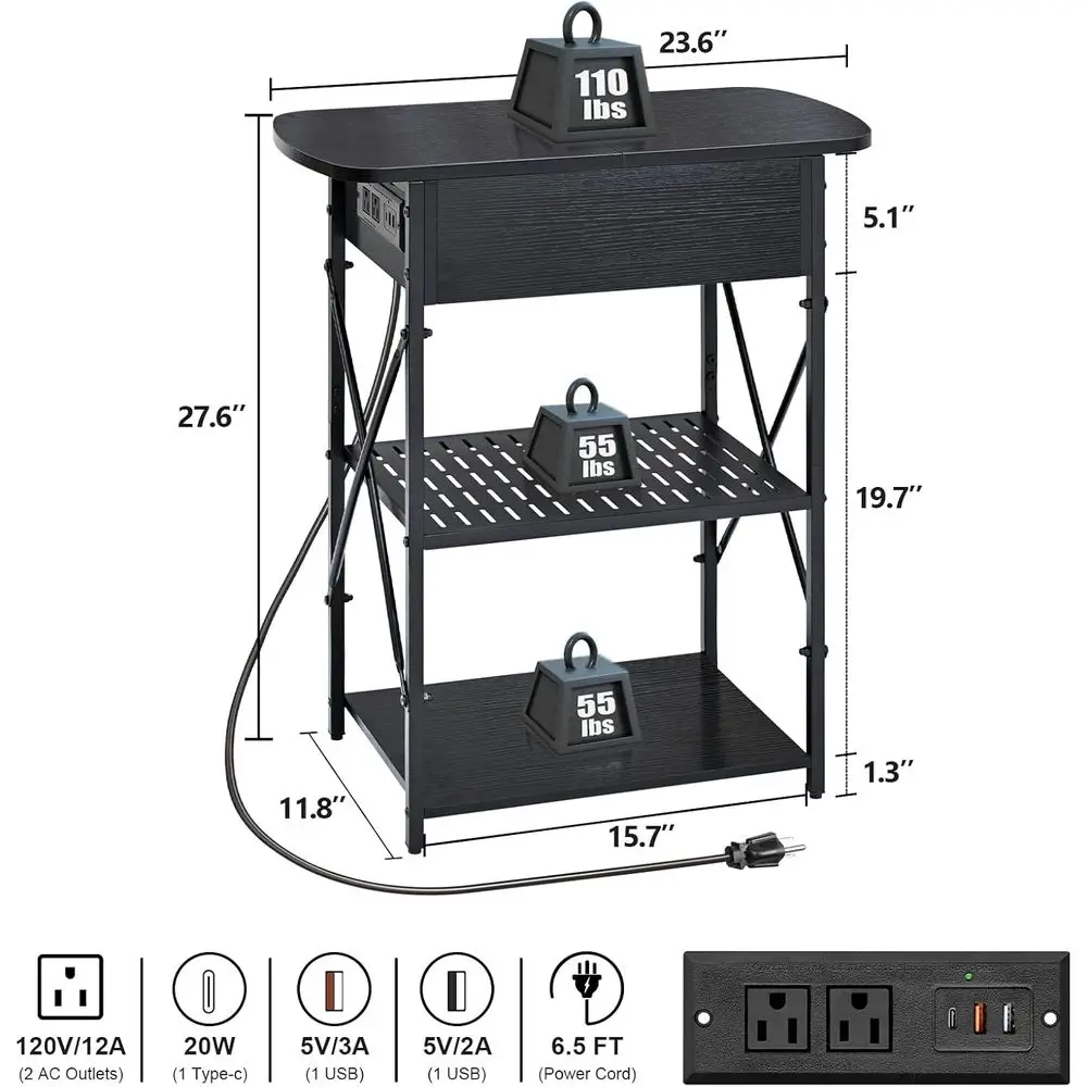 Charging Station End Table, USB & AC Outlet Side Table, Flip Top Storage End Table, Living Room Black Side Tables, Bedroom Drawe