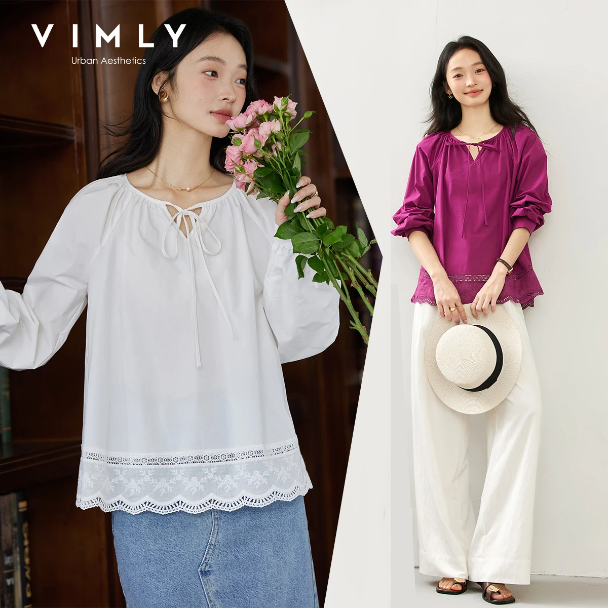 

Женские блузки VIMLY 2026: Новые свободные рубашки из чистого хлопка с длинным рукавом, кружевными вставками и ажурным подолом, весна-осень, модель A1988