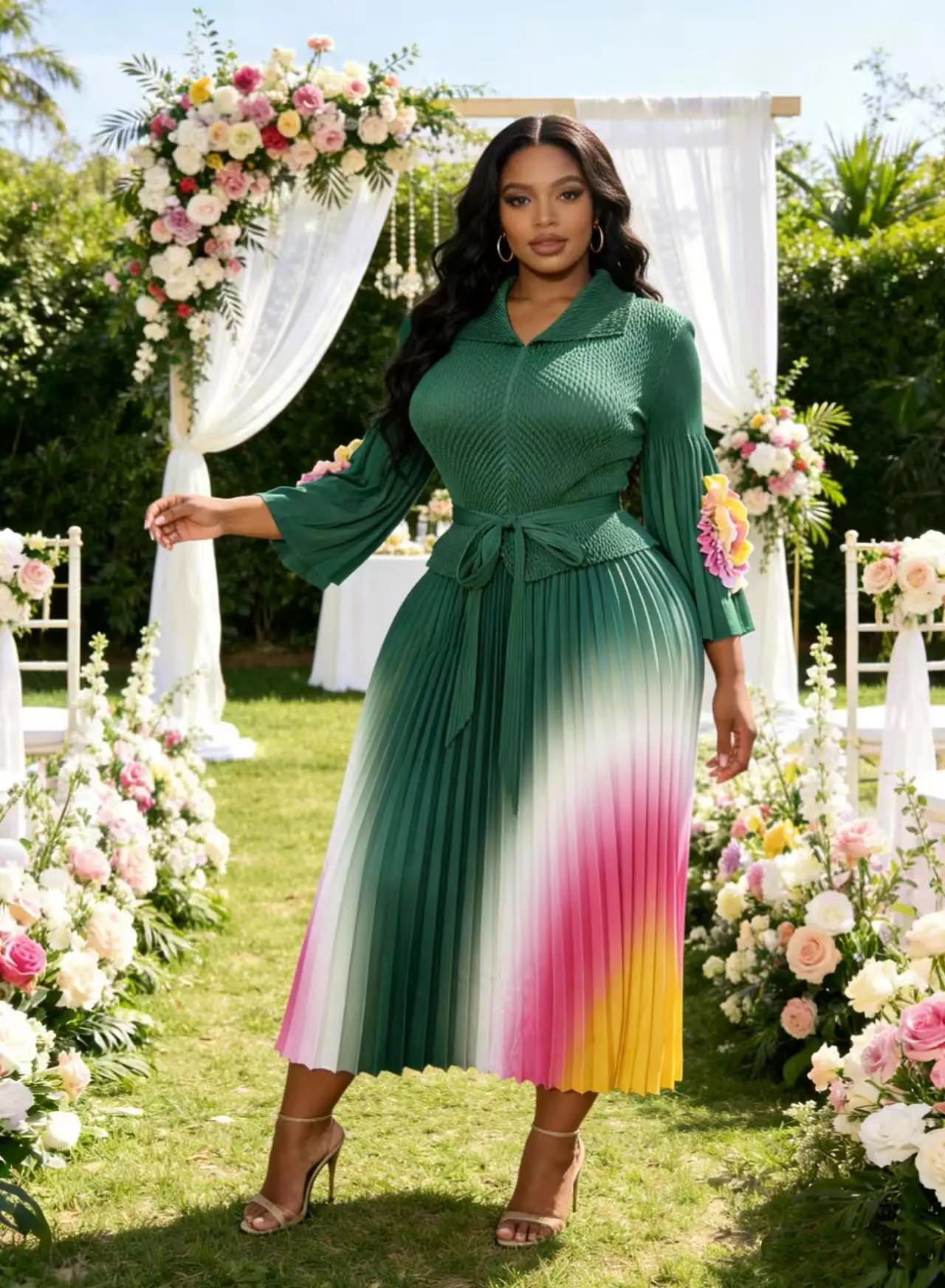 Autumn New Style Gradient Pleated Dress, Slim-Fit Pleated Mid-Length Dress with Turn-Down Collar, Multi-Color Skirt Set