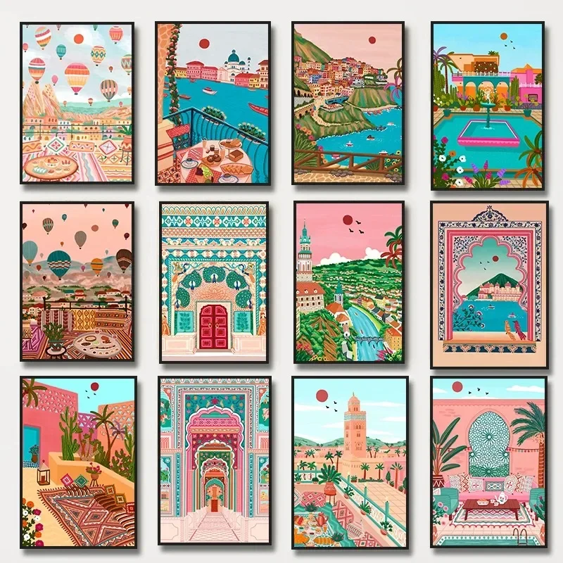 Morocco Marrakech Cappadocia India Gate Travel City Poster Landscape Diamond Painting Wall Art for Living Room Home Decor Pict